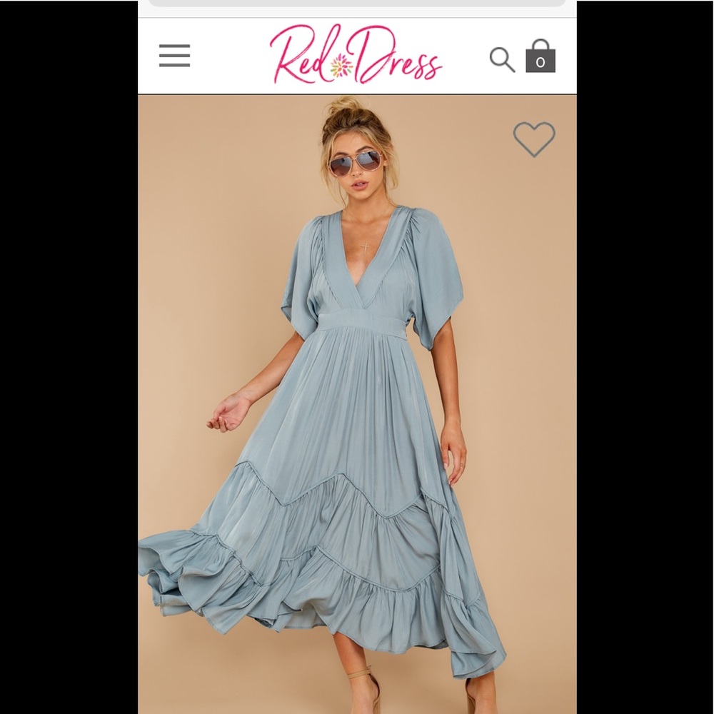 Dusty Blue Ruffle Midi Dress with Pockets